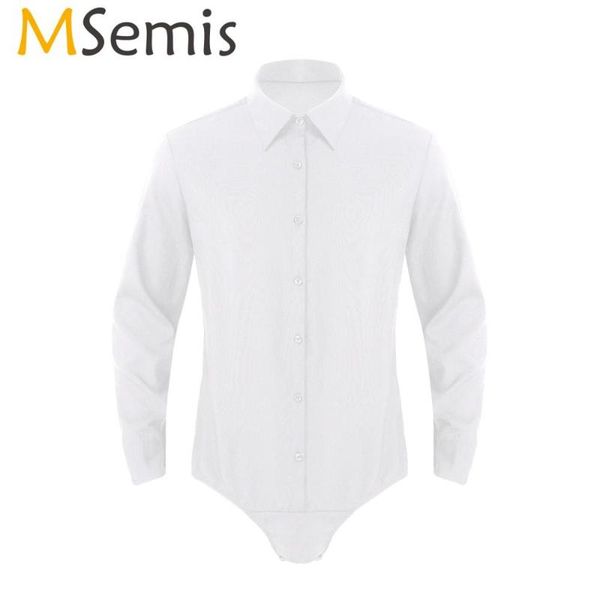 

men's pants msemis men bodysuit shirt male turn-down collar long sleeves button down snap crotch casual romper corset underwear, Black