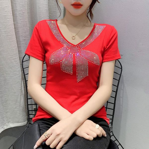 

women's t-shirt summer casual fashion diamond-studded beauty back v-neck short sleeve 2021 women t shirt plus size s-3xl, White