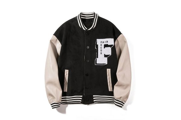 

men's jackets embroidery baseball jacket men leather patchwork high street black green, Black;brown