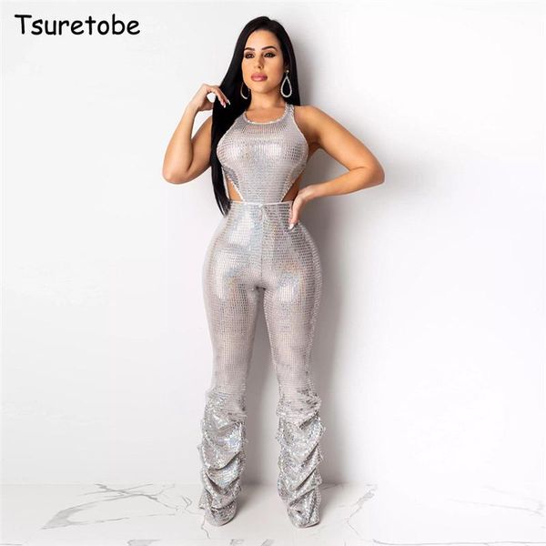 

women's jumpsuits & rompers tsuretobe sequin jumpsuit women autumn hollow out party romper bodycon pleated overalls sleeveless outfits, Black;white
