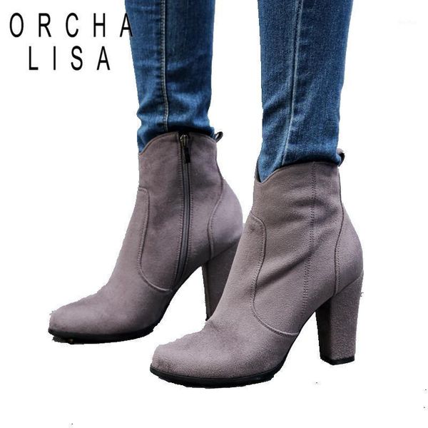 

boots orcha lisa shoes woman block high heels ankle faux suade autumn winter ladies western beige zipper bottines botas1, Black