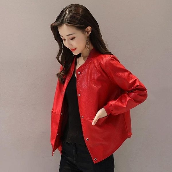 

women's leather & faux motorcycle pu jacket buttons rib sleeve baseball casual spring fall women loose outerwear brown black red