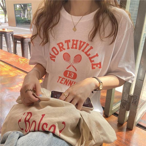 

letter printed casual loose fashion short sleeve women basic all match college wind cotton t-shirts women's t-shirt, White