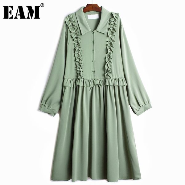 

[eam] women multicolor green ruffles big size midi dress lapel long sleeve loose fit fashion spring autumn 1dd5979 210512, Black;gray
