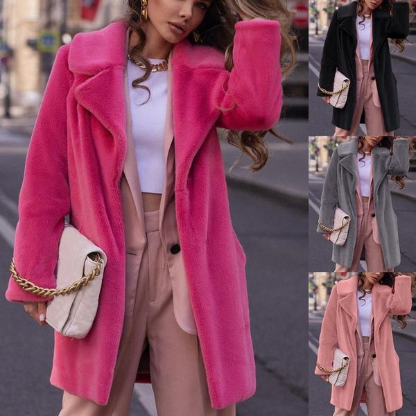 

women's wool & blends autumn winter coat women warm turn down collar fleece jacket long sleeve casual slim solid outwear #8, Black