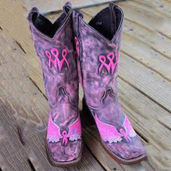 

boots women`s breast cancer awareness design ankle red tape style cow girl, Black