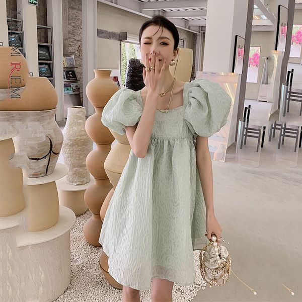 

women square neck short puff sleeve dress cute large size fit lady fashion tide summer arrivals 2h111 210507, Black;gray