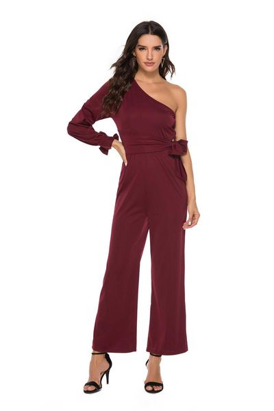 

summer 2021 large size women's one-shoulder long-sleeve bowknot wide-leg pants fashion casual romper jumpsuit wholesale jumpsuits & rom, Black;white