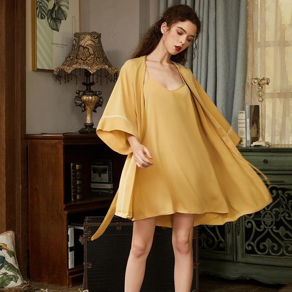 

women's sleepwear creation 101 spring autumn pajamas nightgown robe set two piece thin ice silk home wear, Black;red