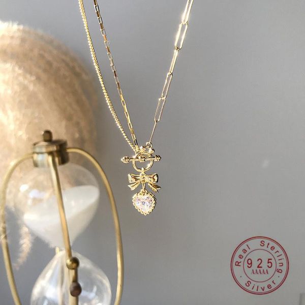 

pendant necklaces 925 sterling silver european style bow knot heart golden necklace for elegant temperament jewelry accessories