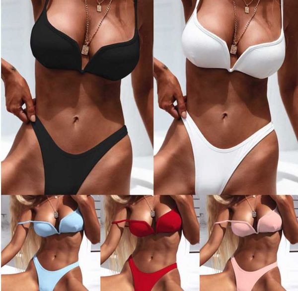 

windnet red v-neck drawstring pit bar solid simple bikini swimsuit, White;black