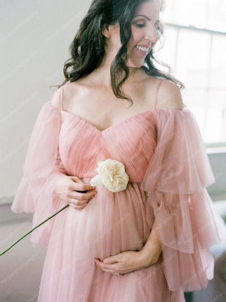 

in pink pleated tulle maternity dresses for po shoot cap sleeves with straps floor length plus size soft bridal pregnancy casual, Black;gray