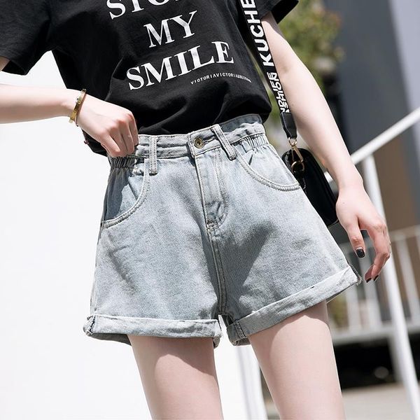 

curling denim shorts women's summer high waist loose plue size was thin woman, White;black