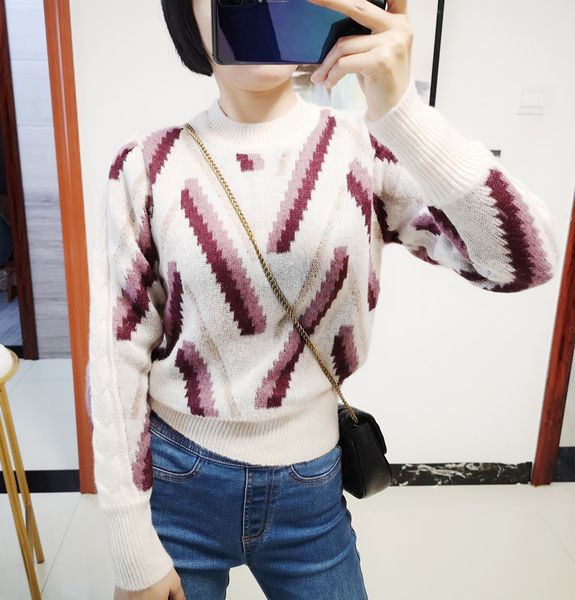 

sweater 2021 autumn /winter v-shaped geometric pattern o neck pullover long sleeve wool women's knitted 2zjr, White;black