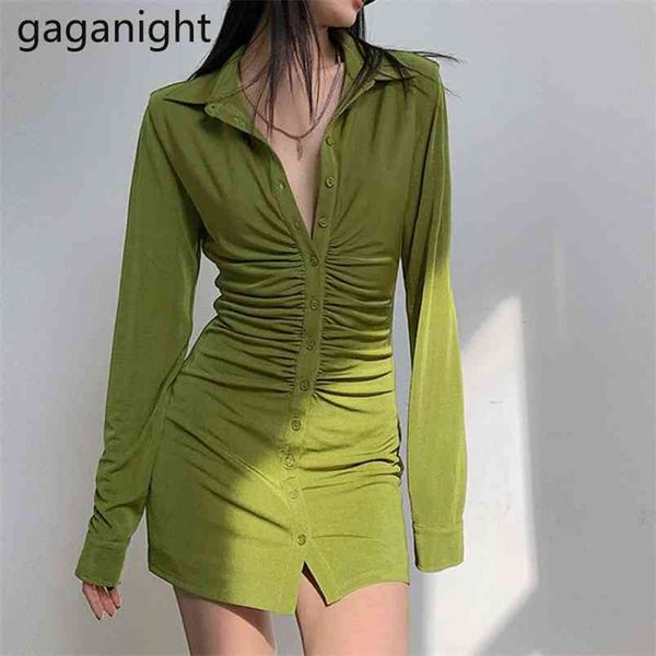 

ruched turn-down collar shirt dress womens long sleeve mini dresses solid club streetwear female blouse vestidos 210601, Black;gray