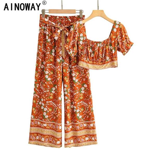 

vintage chic women two piece outfits square collar bohemian elestic waist long pants 2 pieces rayon cotton boho sets 211105, White