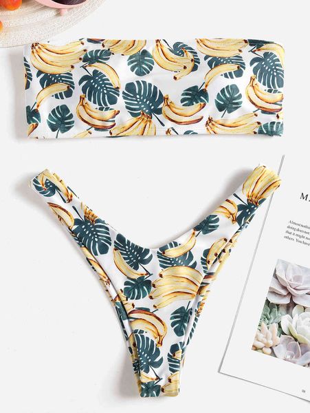 

suit 2019 bra banana print women's split swimsuit set bikini, White;black