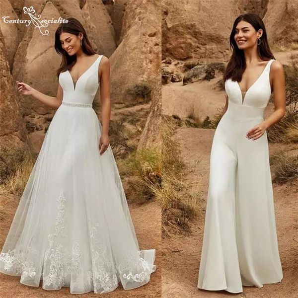 

other wedding dresses boho with overskirt lace appliques beaded bohemian bride reception jumpsuit women pant suits vestido de noiva, White