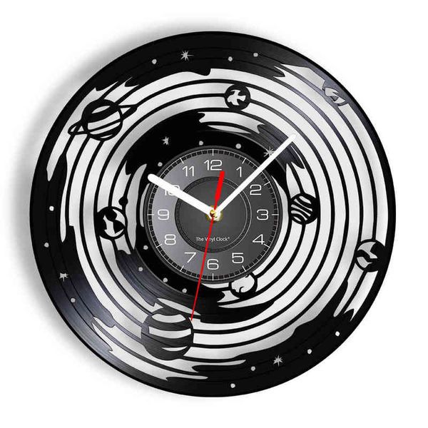 Sonnensystem Acht Planeten Schallplatten-Wanduhr Astrologie Home Decor Cut Out Longplay Uhr Zeitmesser Weltraum Wandkunst H1230