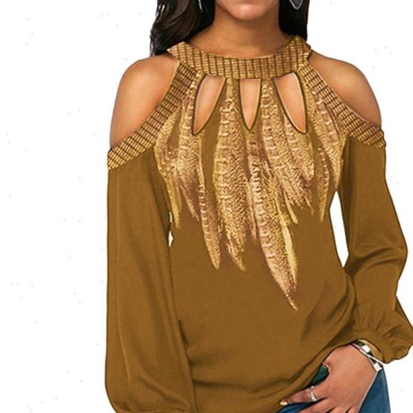 

apparel plus size feather womens shirt print cold shoulder long sleeve casual blouse chiffon, White