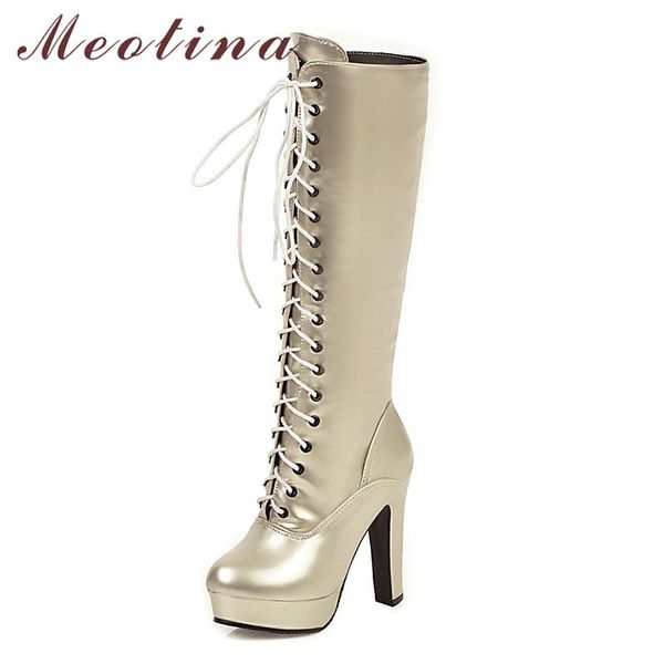 

meotina long boots women shoes platform super high heel knee-high boots zip lace up thick heels boots lady winter golden size 210520, Black