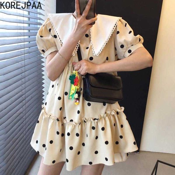 

korejpaa women dress korea fashion cute kawaii lapel contrast wave pleated loose casual short sleeve mini dresses female 210526, Black;gray