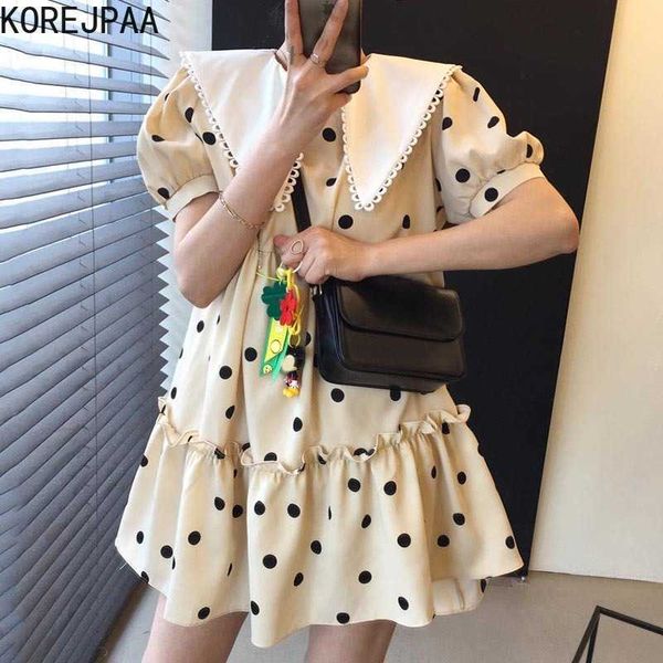 Korejpaa Frauen Kleid Korea Mode Nette Kawaii Revers Kontrast Welle Plissee Lose Beiläufige Kurzarm Mini Kleider Weibliche 210526