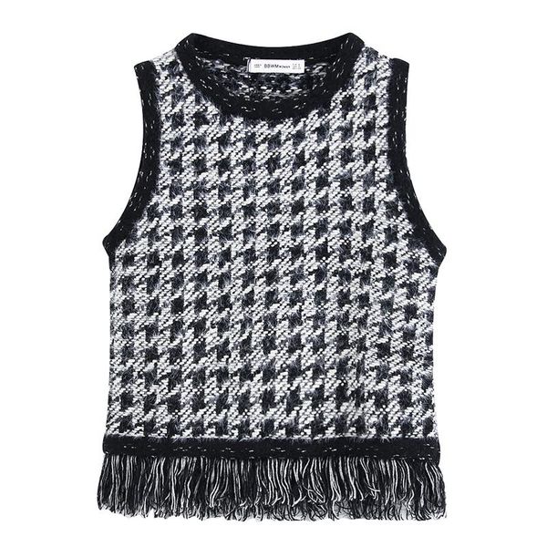 

women's vests vintage tweed tassel women vogue casual o neck short coats elegant ladies plaid sleeveless, Black;white