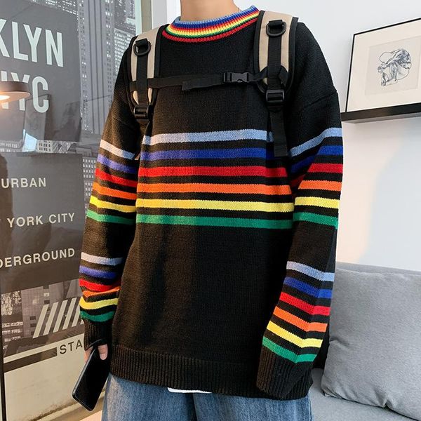 

men's sweaters mens sweater round neck pullover couple loose and versatile women's striped contrast color knit, White;black