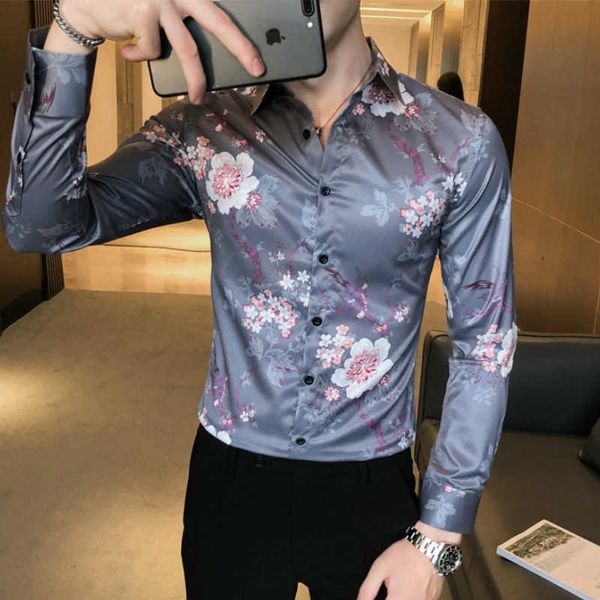 Koreanische Blumenhemden für Männer Business Formal Dress Shirts Langarm Slim Fit Freizeithemd Streetwear Party Tops Chemise Homme 210527