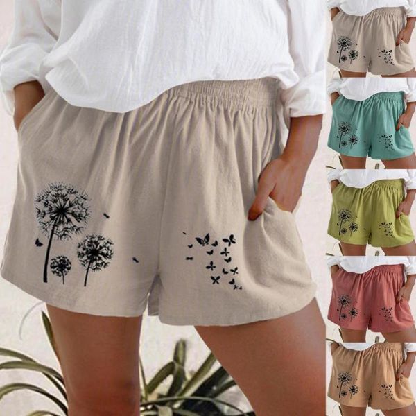 

women's shorts summer women casual high waist short pants dandelion print solid color loose wide leg pockets 3xl, White;black