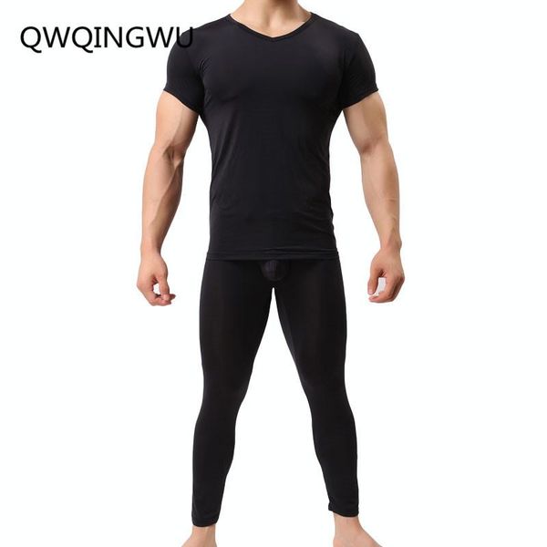 

men's thermal underwear warm men long johns ice silky ultra-thin and pants set nightwear, Black;white