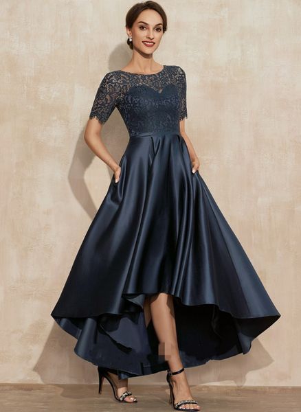 Elegante azul marinho alta baixa cetim rendas mãe da noiva vestido de vestido assimétrico vestido de festa nupcial personalizado robe de soiree