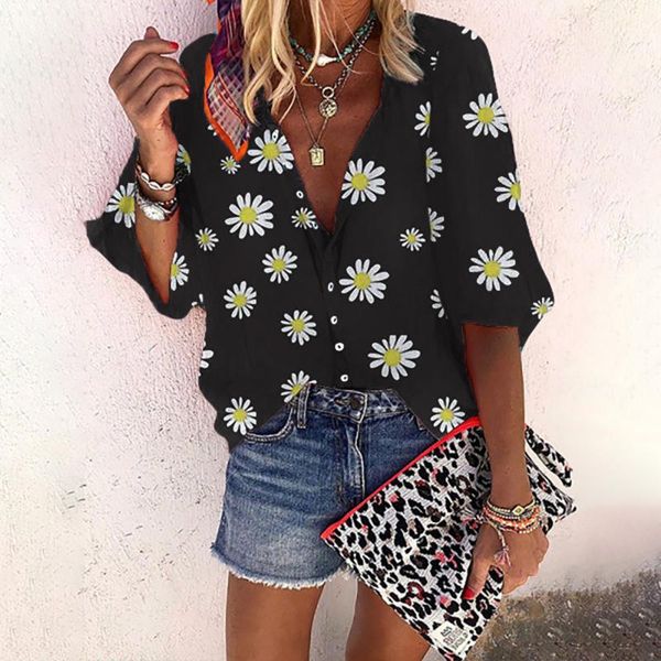 

fashion office shirts women plus size black tunic clothes loose floral print v-neck casual shirt blouse camisas mujer women's blou, White