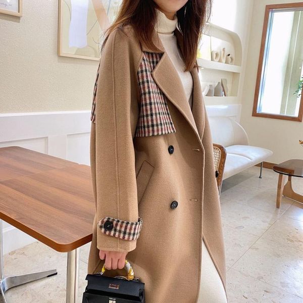 

women's wool & blends special offer clear brim plaid double stitching super atmosphere in camel long h coat female winter, Black