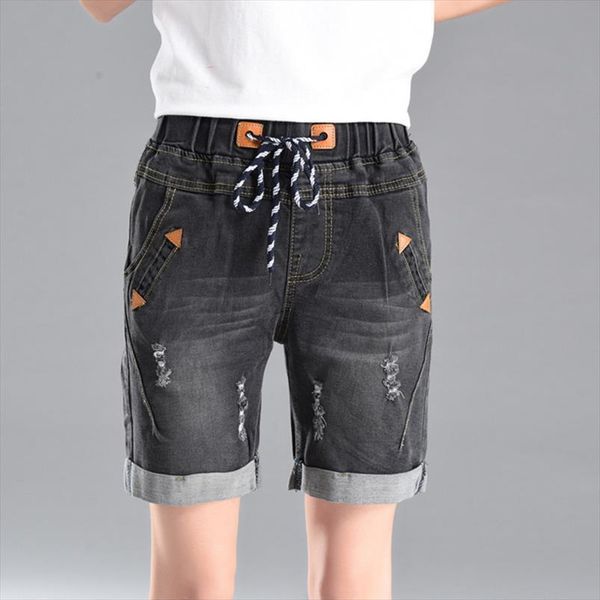 

plus size jeans stretch women short summer elastic high waist straight denim lady lace up hole capris, White;black