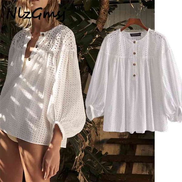 

blouse women hollow embroidery white shirt woman o neck long sleeve buttons elegant chic clothing 03 210628