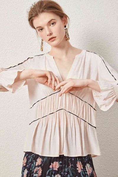 

shirt women spring summer big v-neck lace pleated eh4w, White