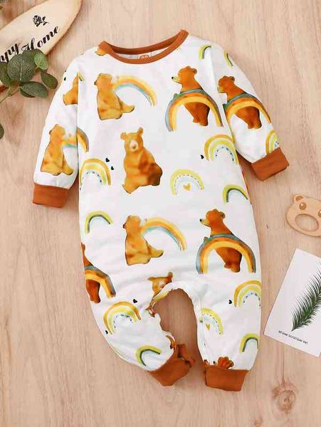 

baby bear print contrast trim jumpsuit she, Blue