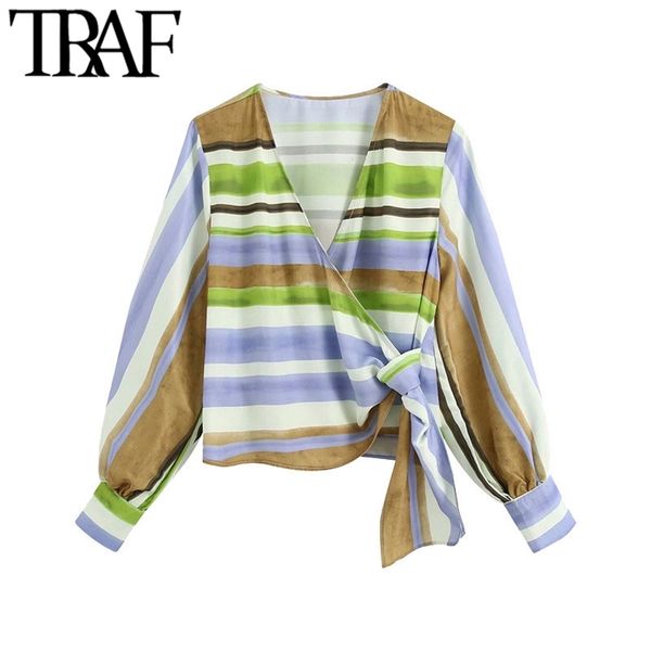 

women fashion crossover striped wrap cropped blouses vintage long sleeve side bow tied female shirts chic 210507, White