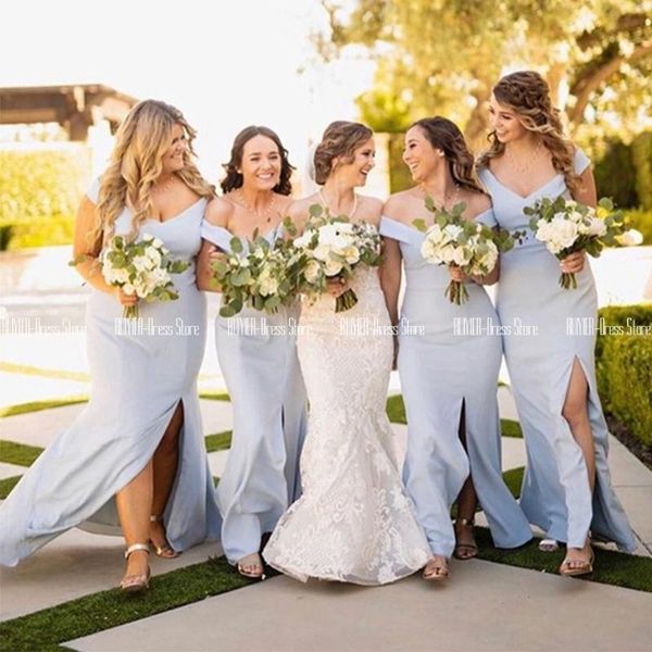 

bridesmaid dress side split dresses light blue off the shoulder sheath wedding guest lace up back satin long prom gown, White;pink