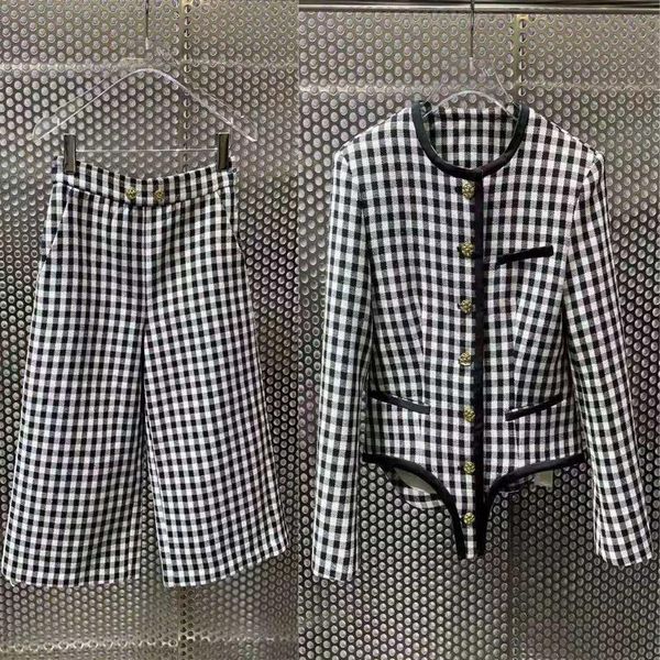 

women's two piece pants 2021 early autumn black and white plaid single-breasted woolen suit vintage fashion casual elegant lady office