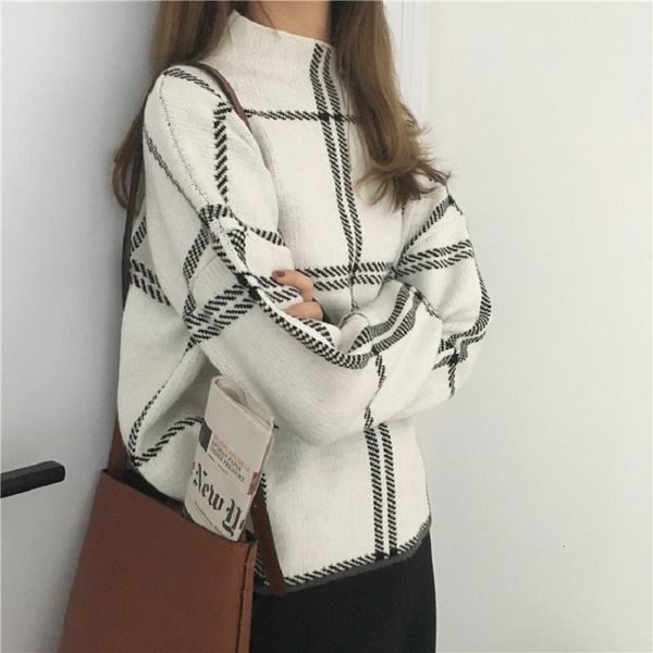 

women's sweaters female blouses femme hiver y2k style korean s zevity year's shirts plaid in mid-turtleneck fnmf, White;black
