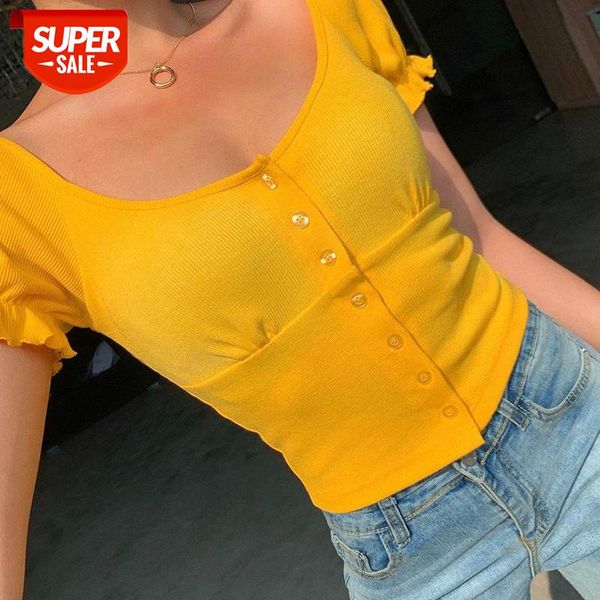 

[in stock]summer pure color slim t-shirt women 26105p square collar threaded wooden ear short sleeve #q52e, White