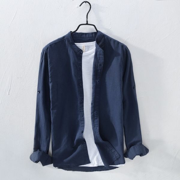 

606 autumn simple men's long sleeve linen shirt men's cotton shirt loose linen2021, White;black