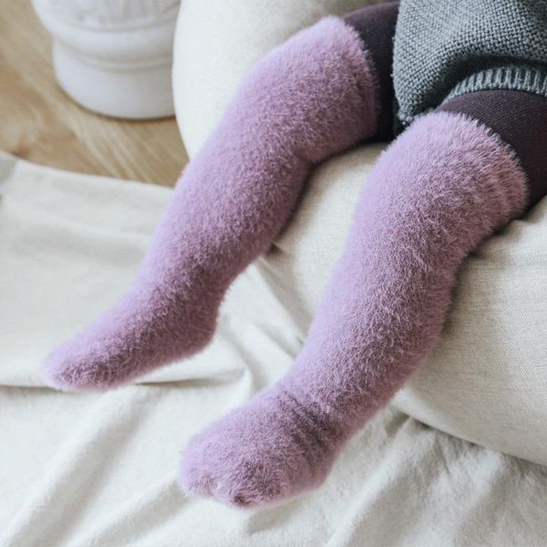 

coral fleece warm baby socks winter thick warmer kids long solid color children boys girls knee high christmas gifts, Pink;yellow