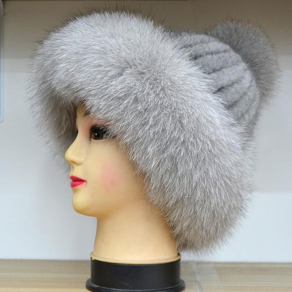 

beanie/skull caps winter women hat real with ball warm nice, Blue;gray