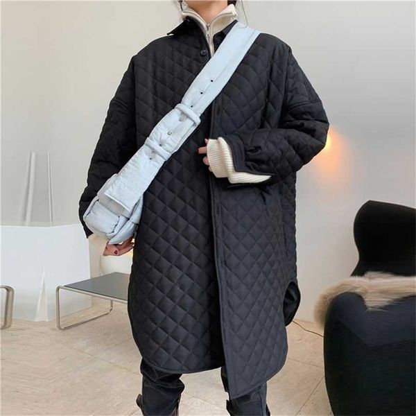 

winter parka thick fashionable silhouette argyle shirt quilted cotton coat female oversize thin long warm jacket women 211007, Black
