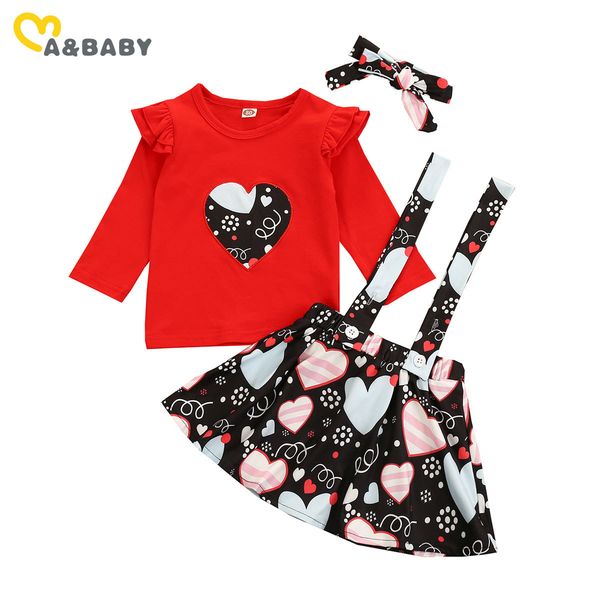 

1-5y valentines day outfits toddler kid girls clothes set red long sleeve t shirt heart print skirts overalls costumes 210515, White