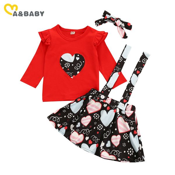 1-5y Dia dos Namorados Outfits Criança Criança Garotas Roupas Conjunto Vermelho Manga Longa T Shirt Coração Impressão Saiuas Macacões Trajes 210515